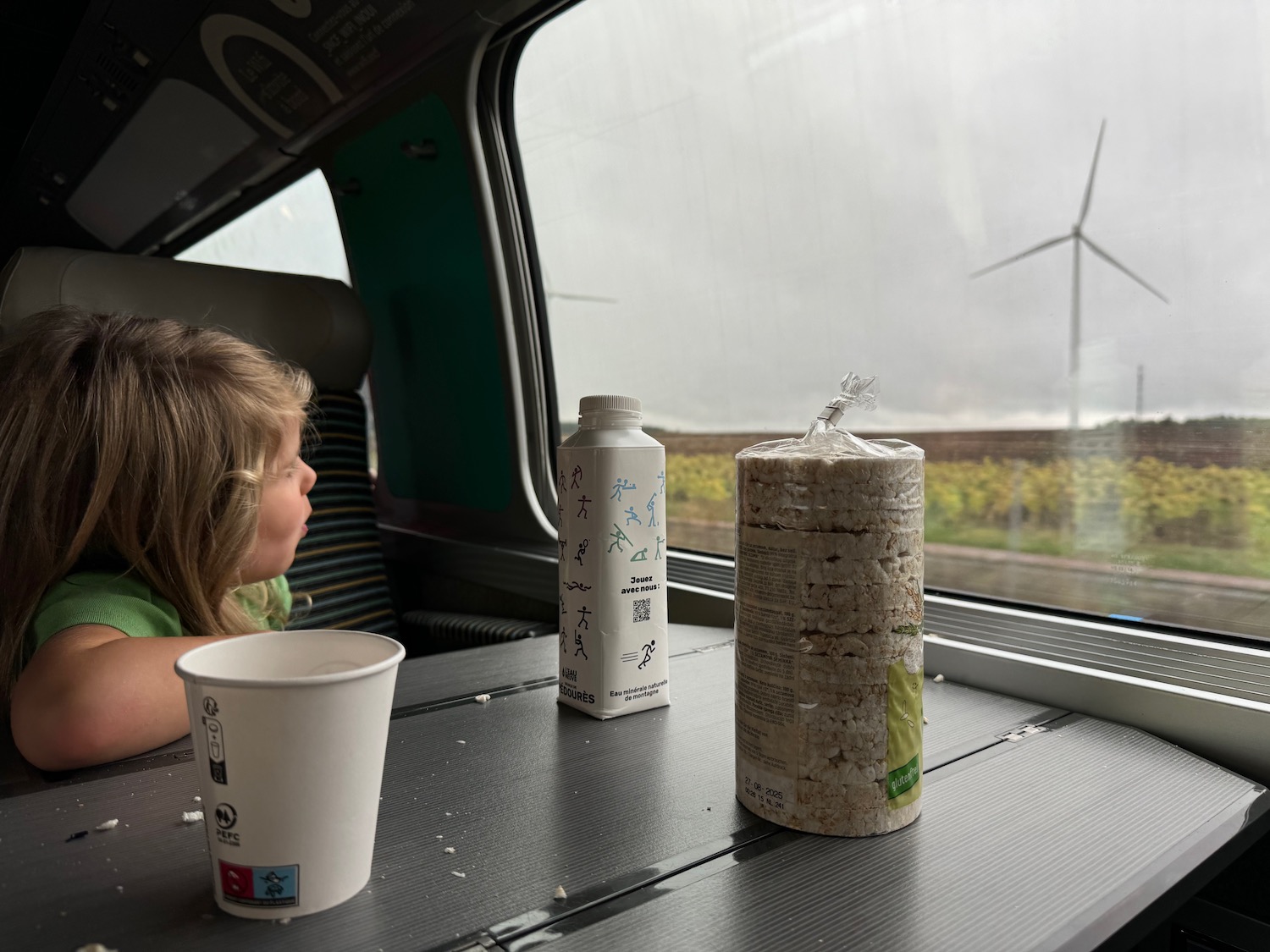 a child sitting at a table with food on it
