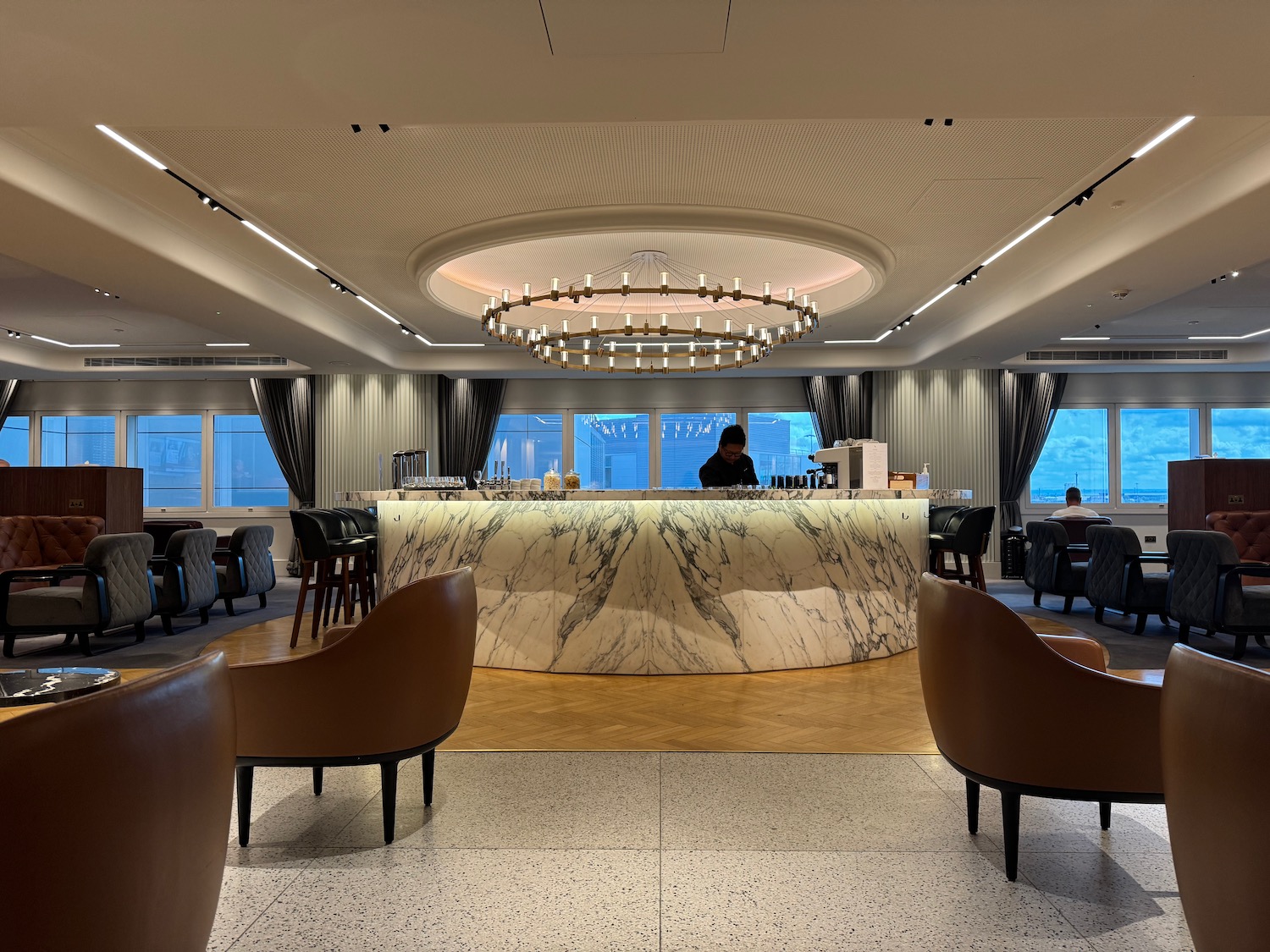 a room with a bar and chairs