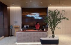 a woman standing at a desk in a lobby
