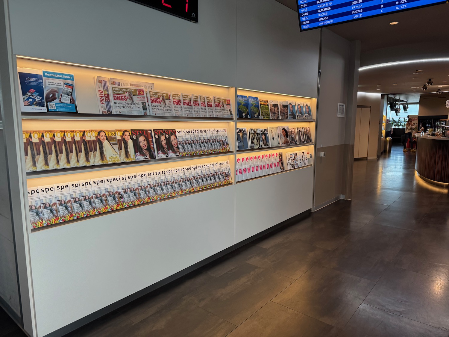 a display of magazines on a wall