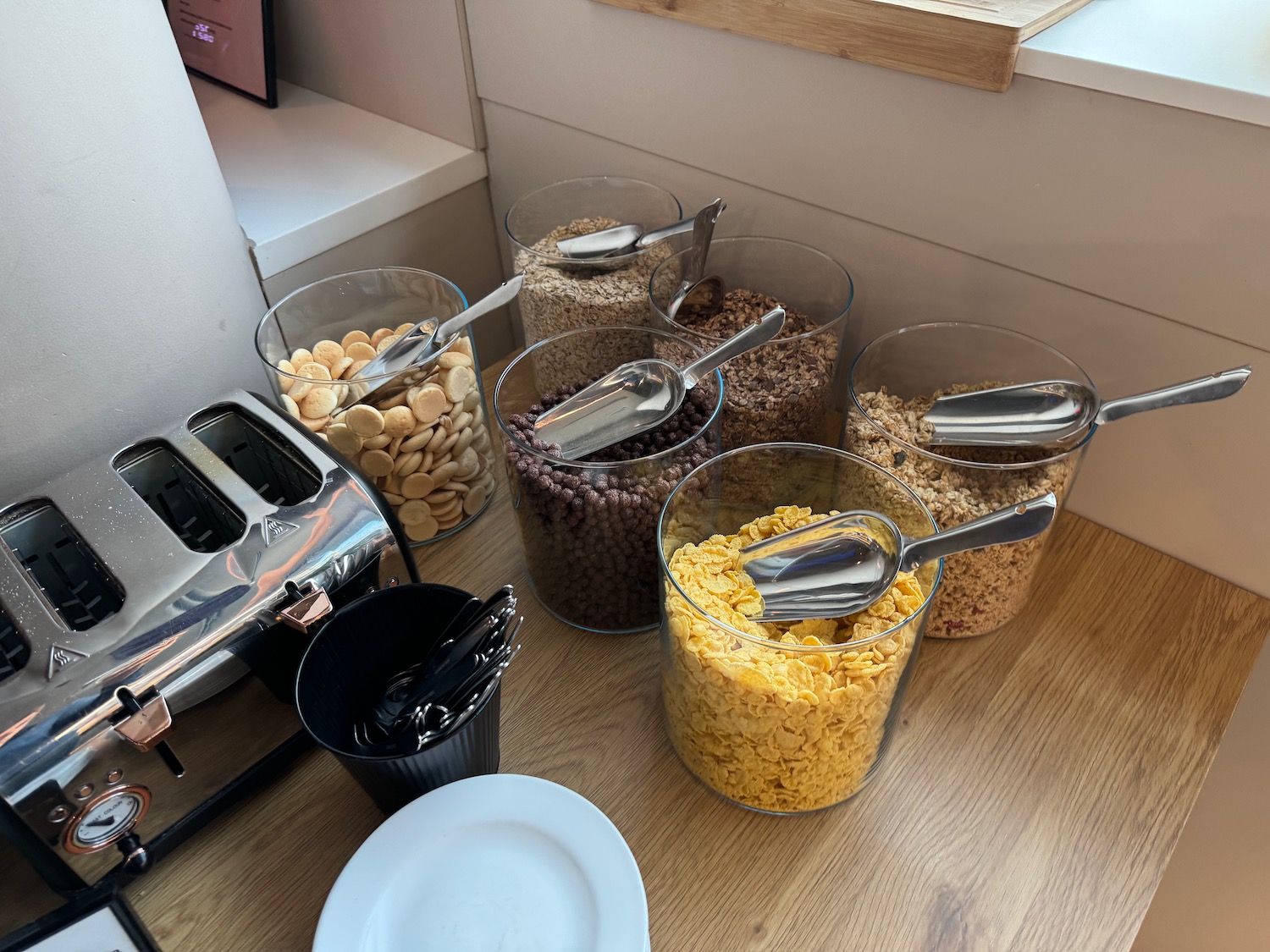 a group of cereals in containers