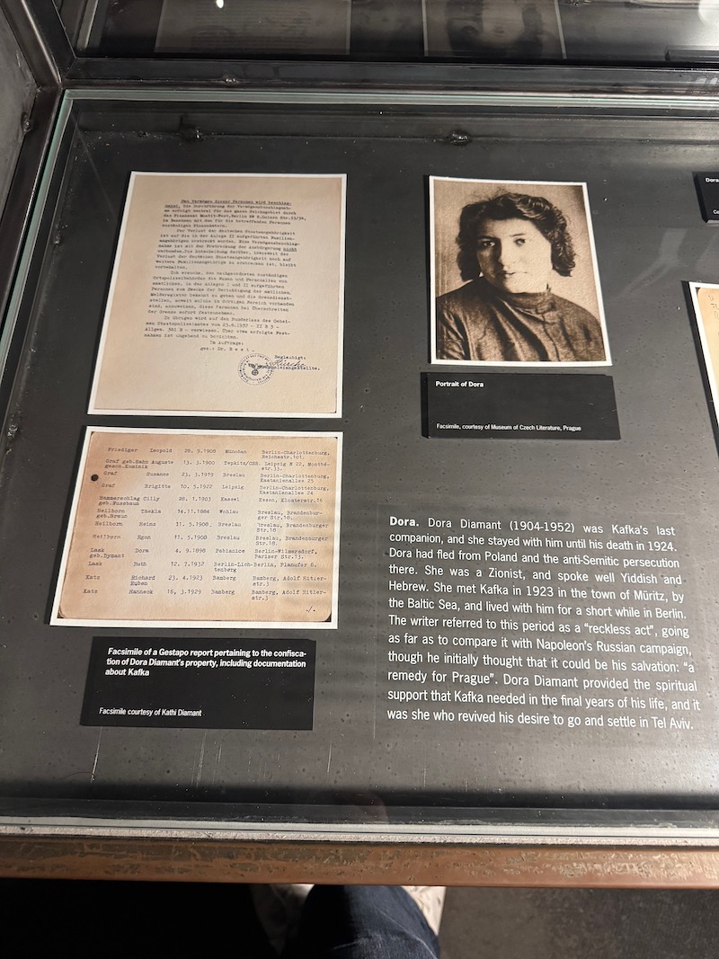 a display case with photos and text