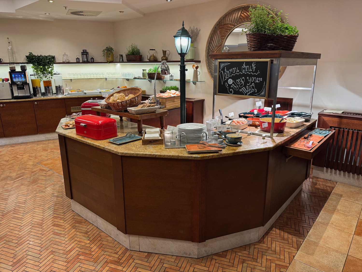a buffet table with food on it