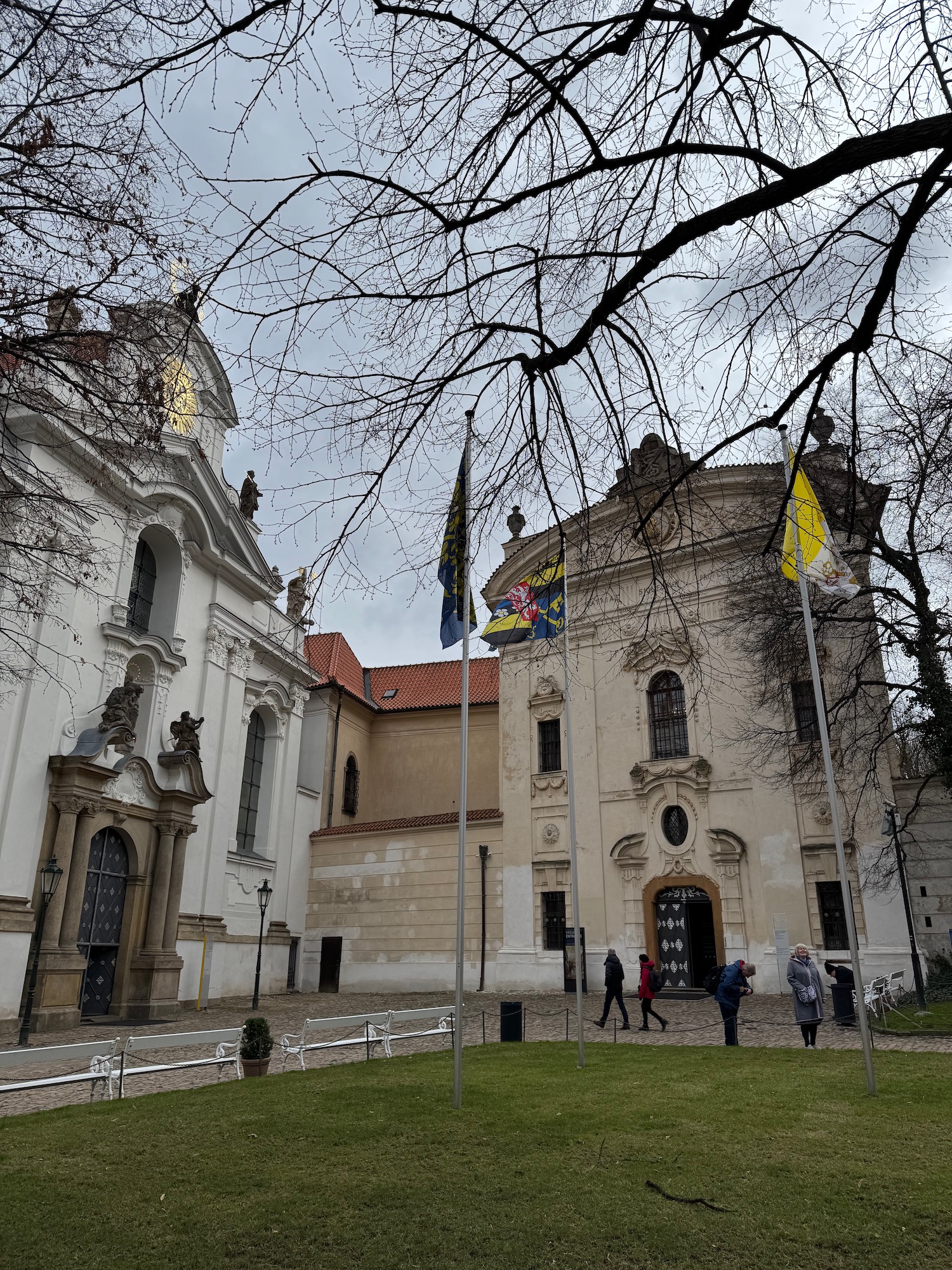 a building with flags in front of it