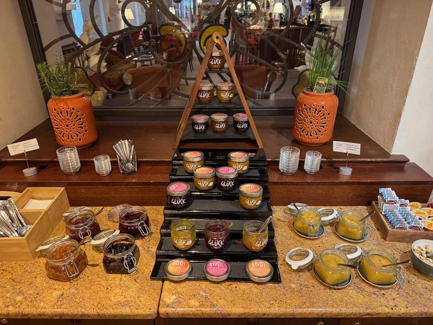 a display of jams on a table
