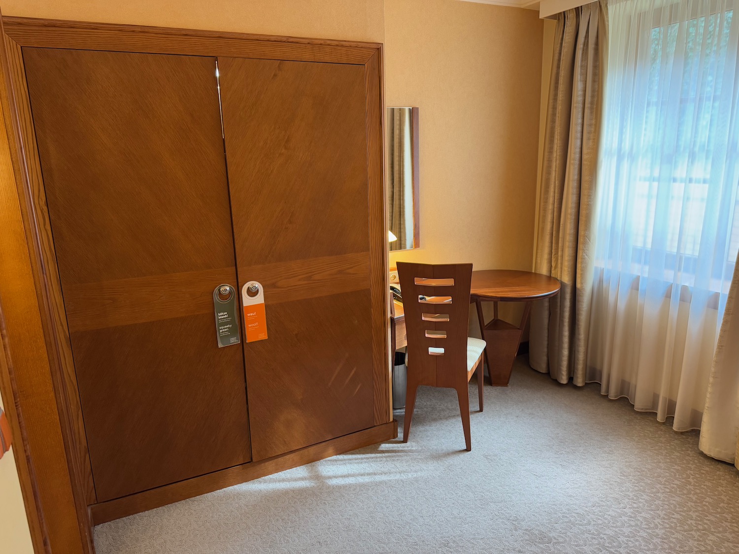 a room with a table and a door