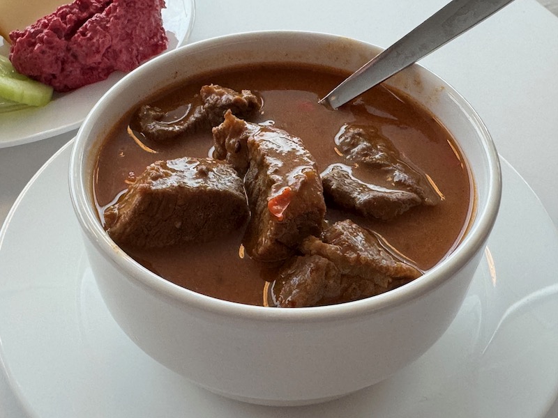 a bowl of soup with meat and a spoon