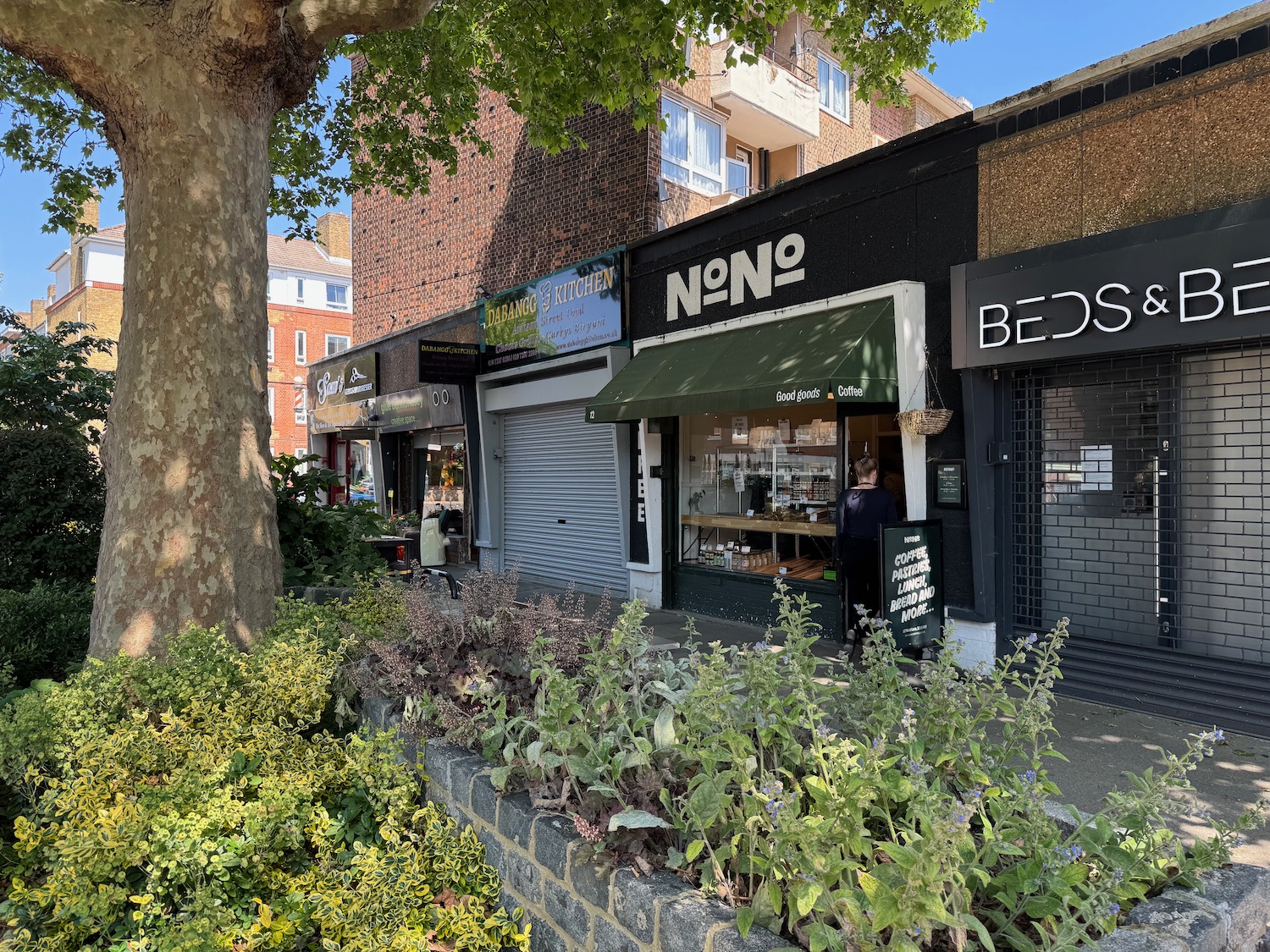 a storefronts with a tree and plants