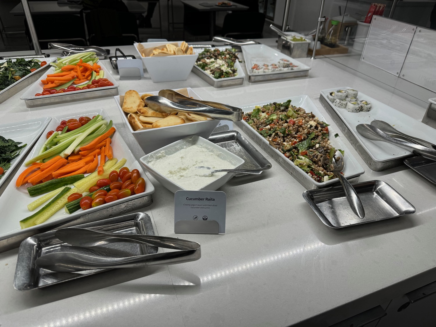 a table with trays of food