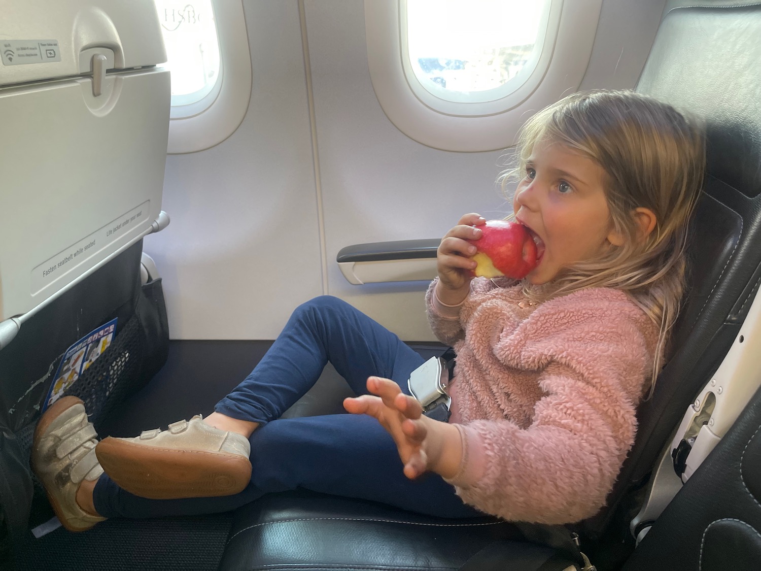 a girl eating an apple on an airplane