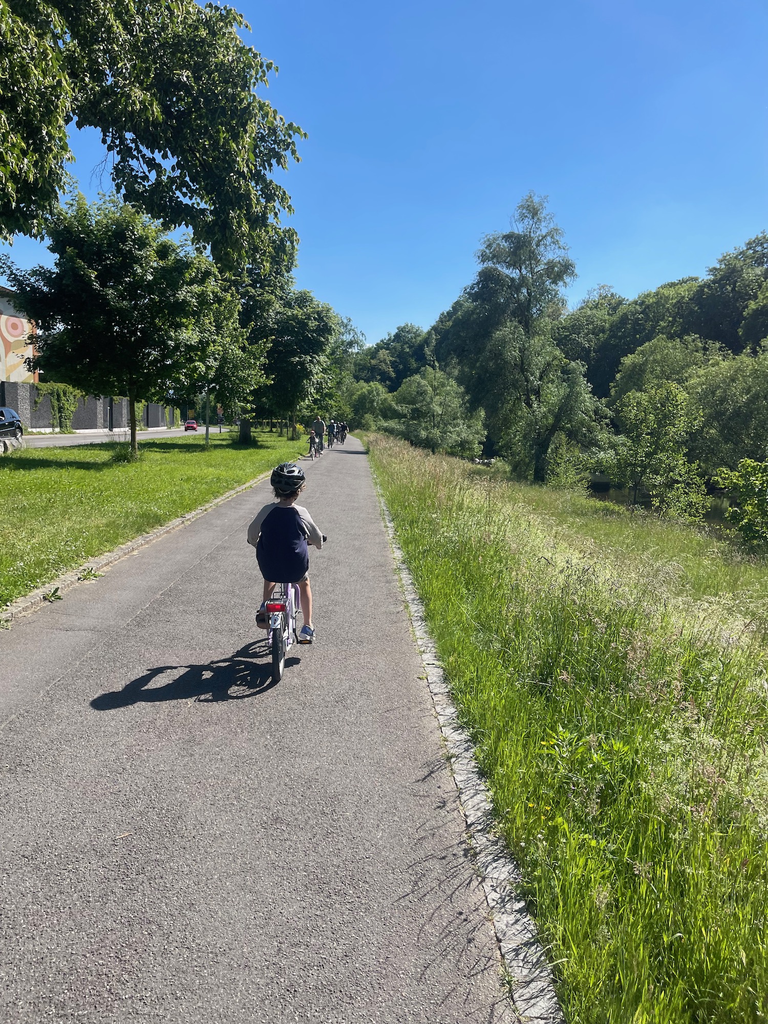 a child riding a bike on a path with grass and trees