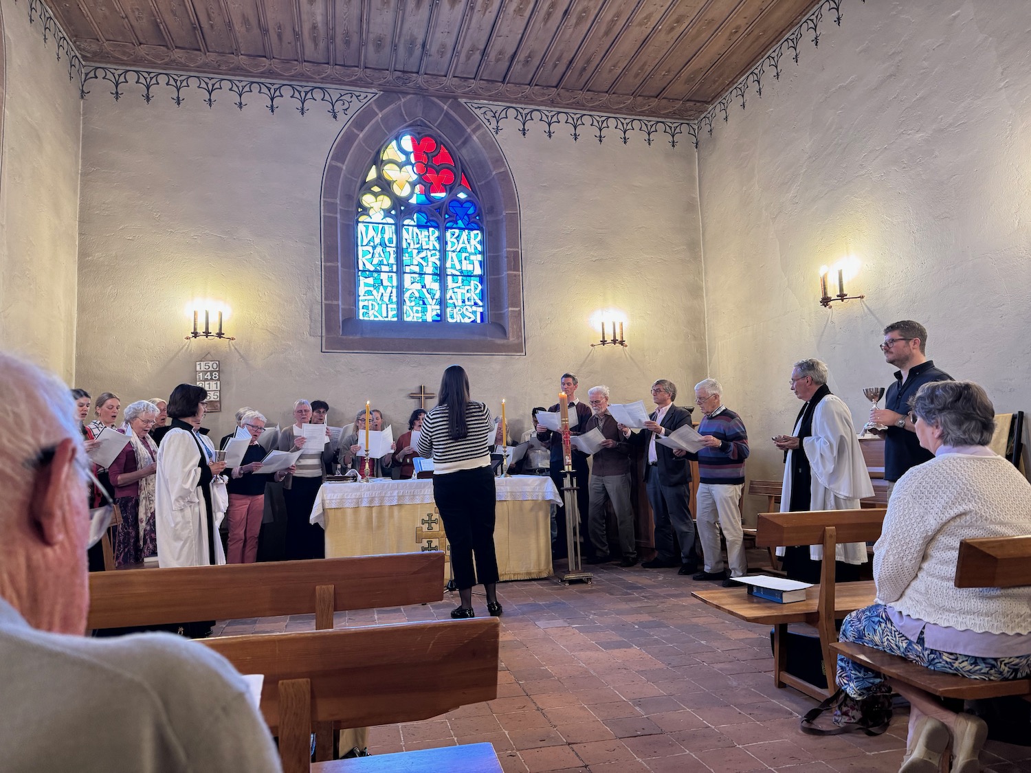 a group of people in a church