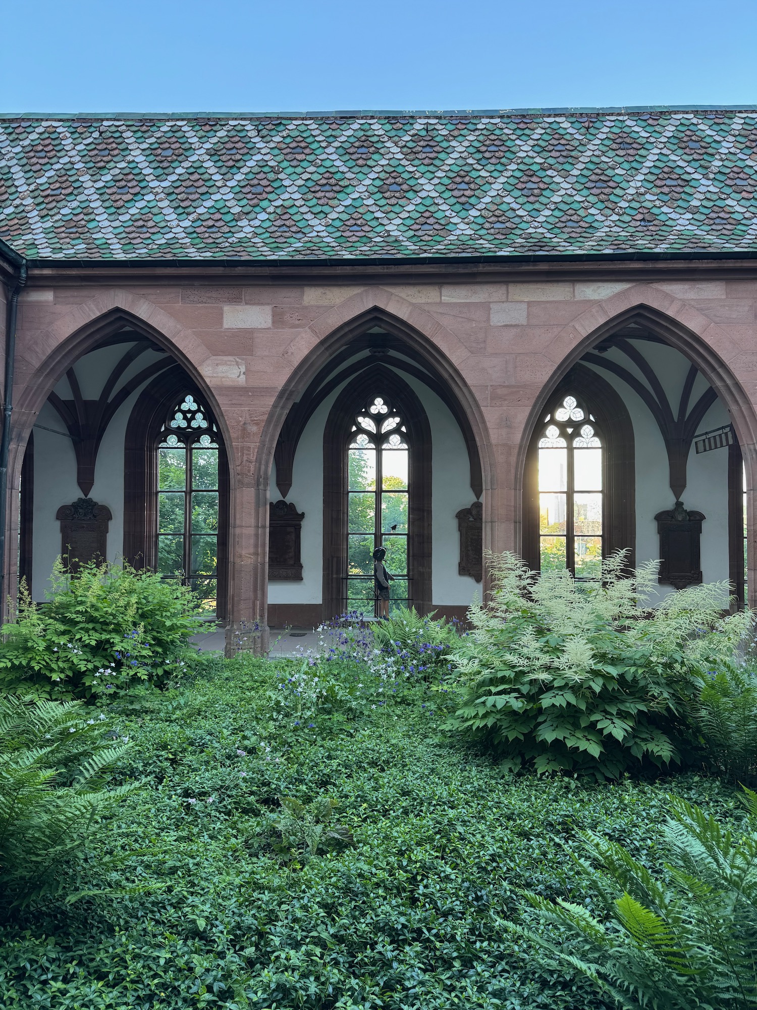 a building with arched windows and plants