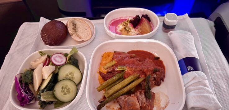 United Airlines business class meal Newark to Los Angeles