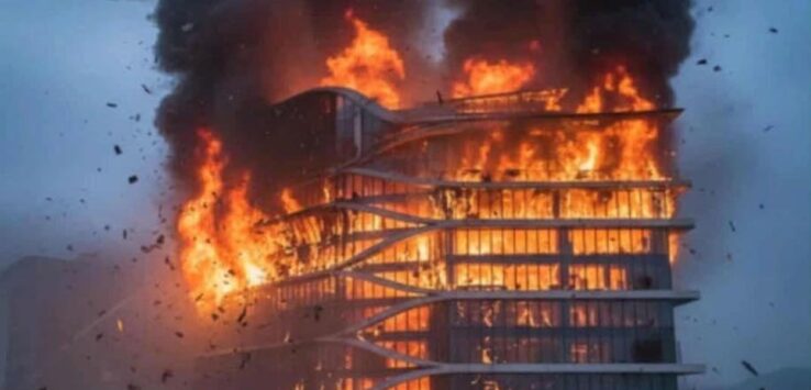 a building on fire with black smoke