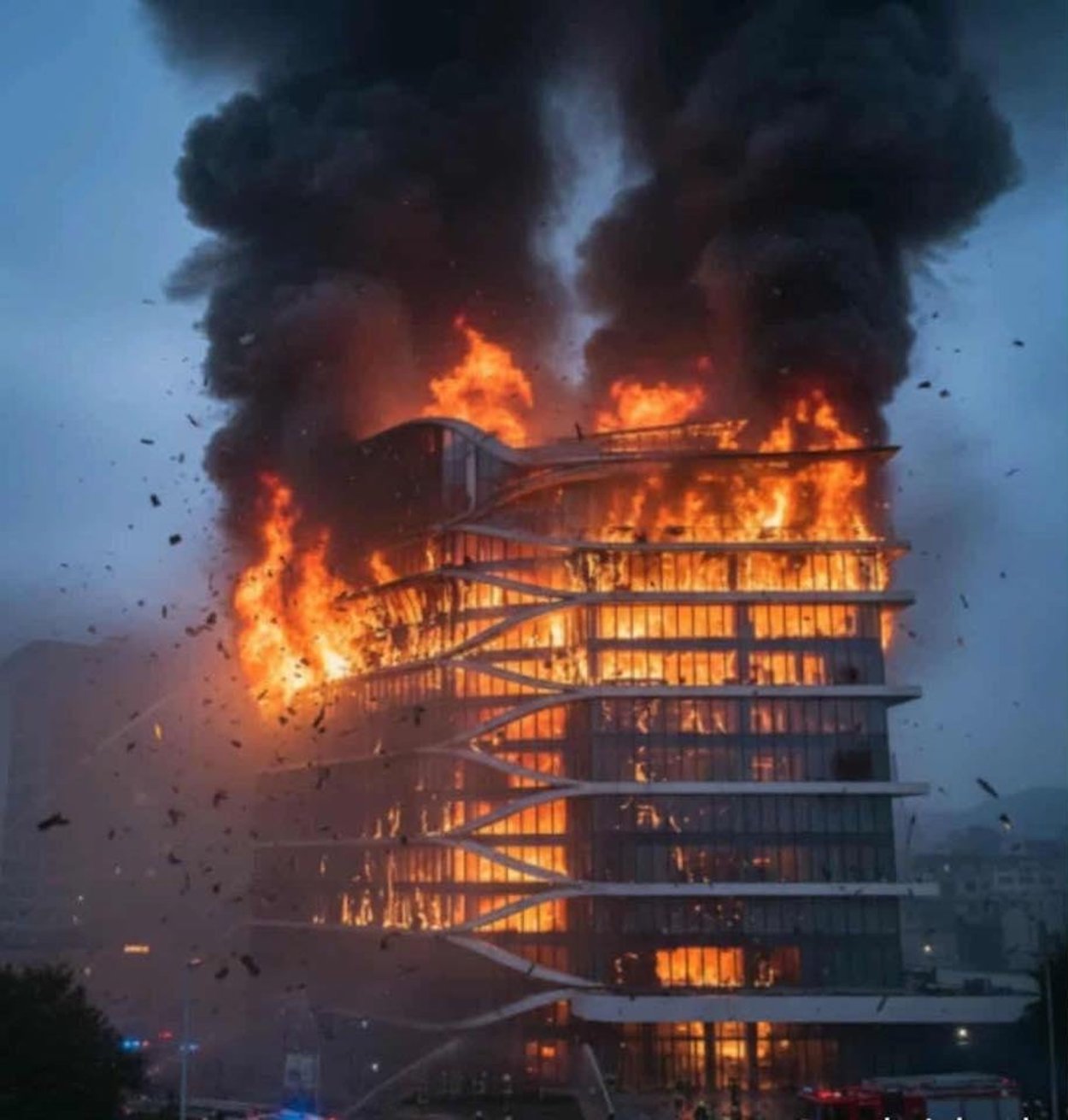 a building on fire with black smoke