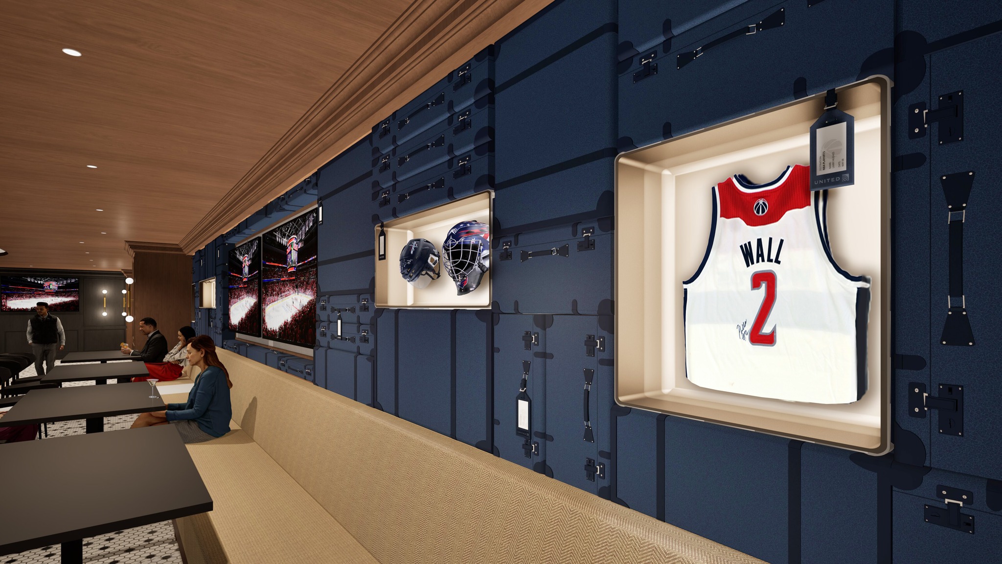 a wall with basketball jerseys and helmets on it