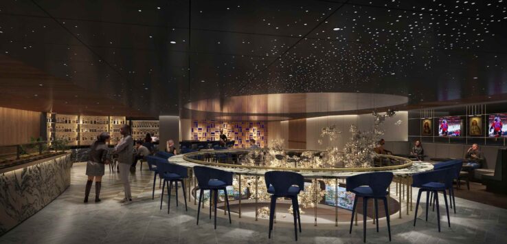 a room with a bar and chairs