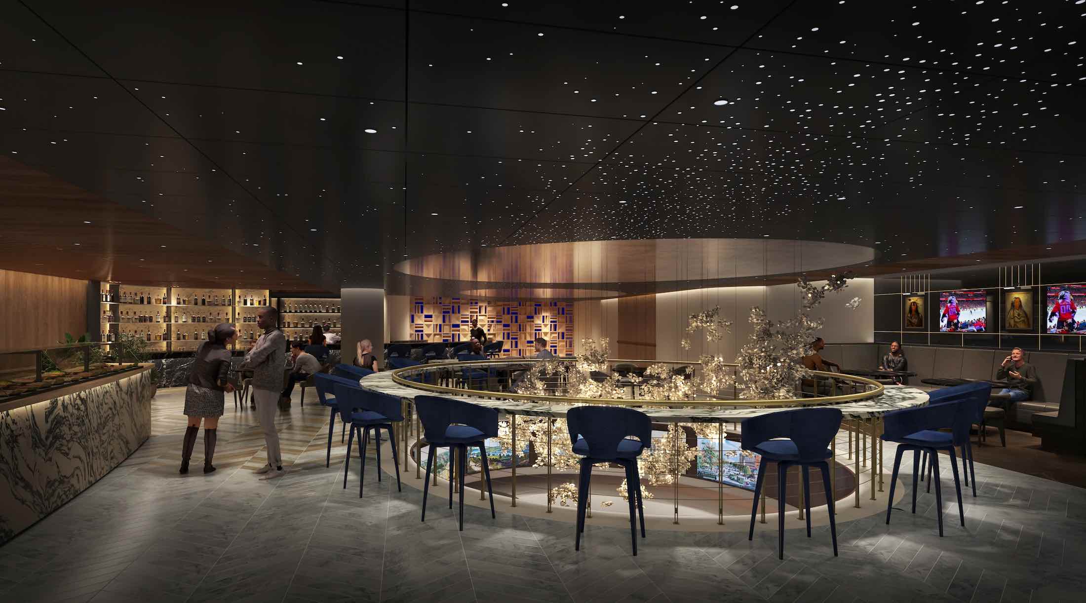 a room with a bar and chairs