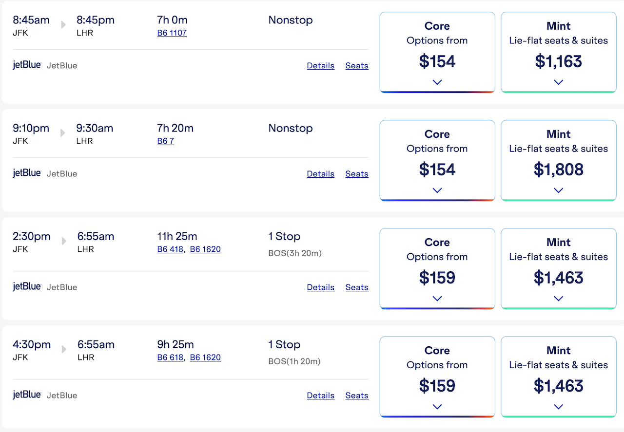 jetblue costs new york to london