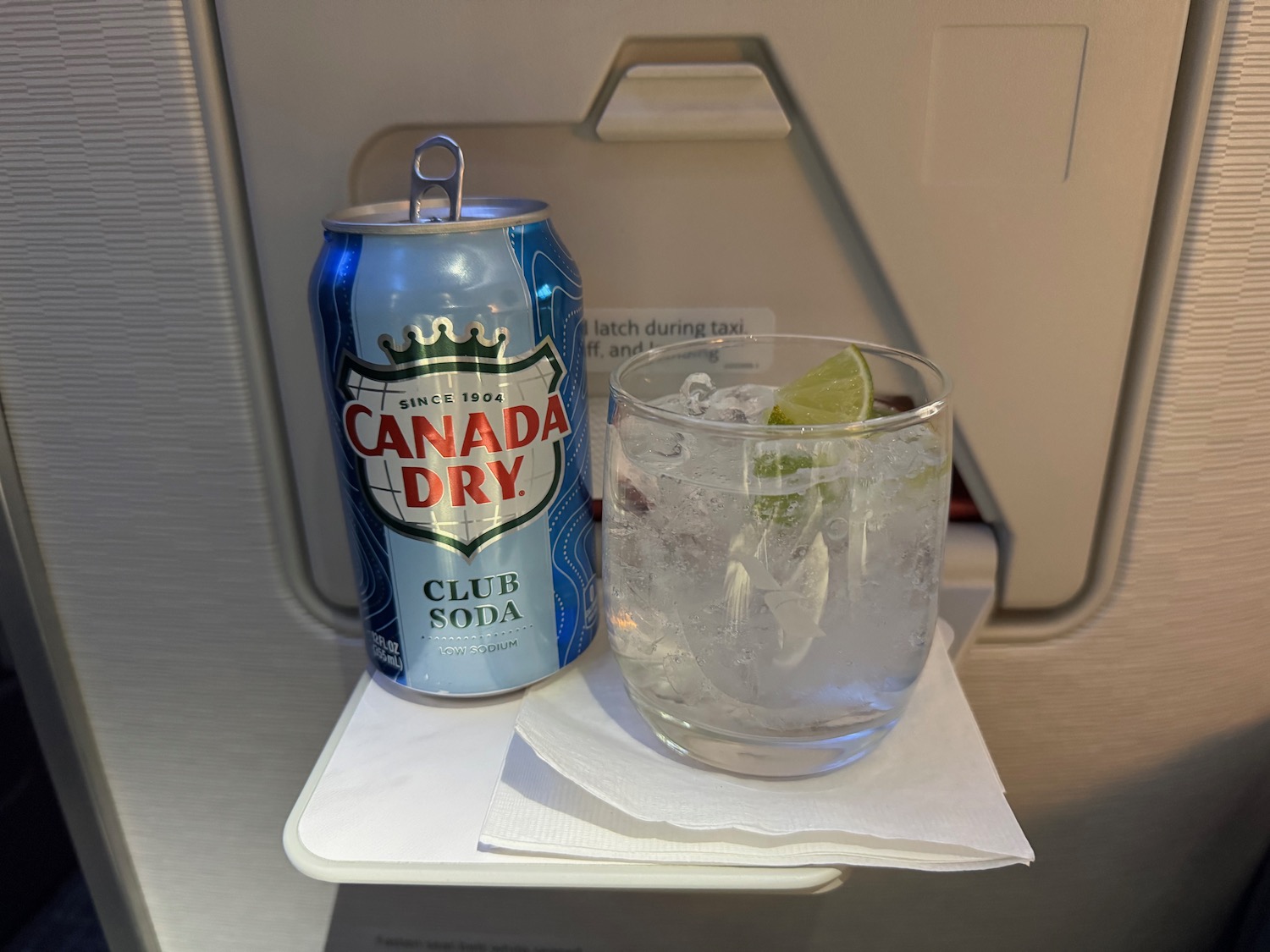 a can of soda and a glass of ice on a tray