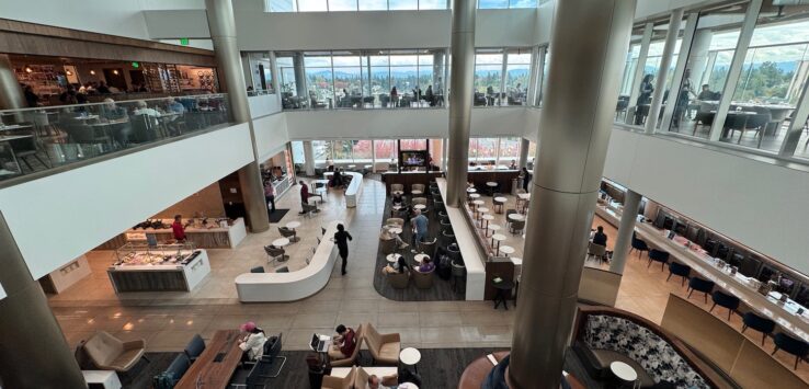 a large building with many tables and chairs