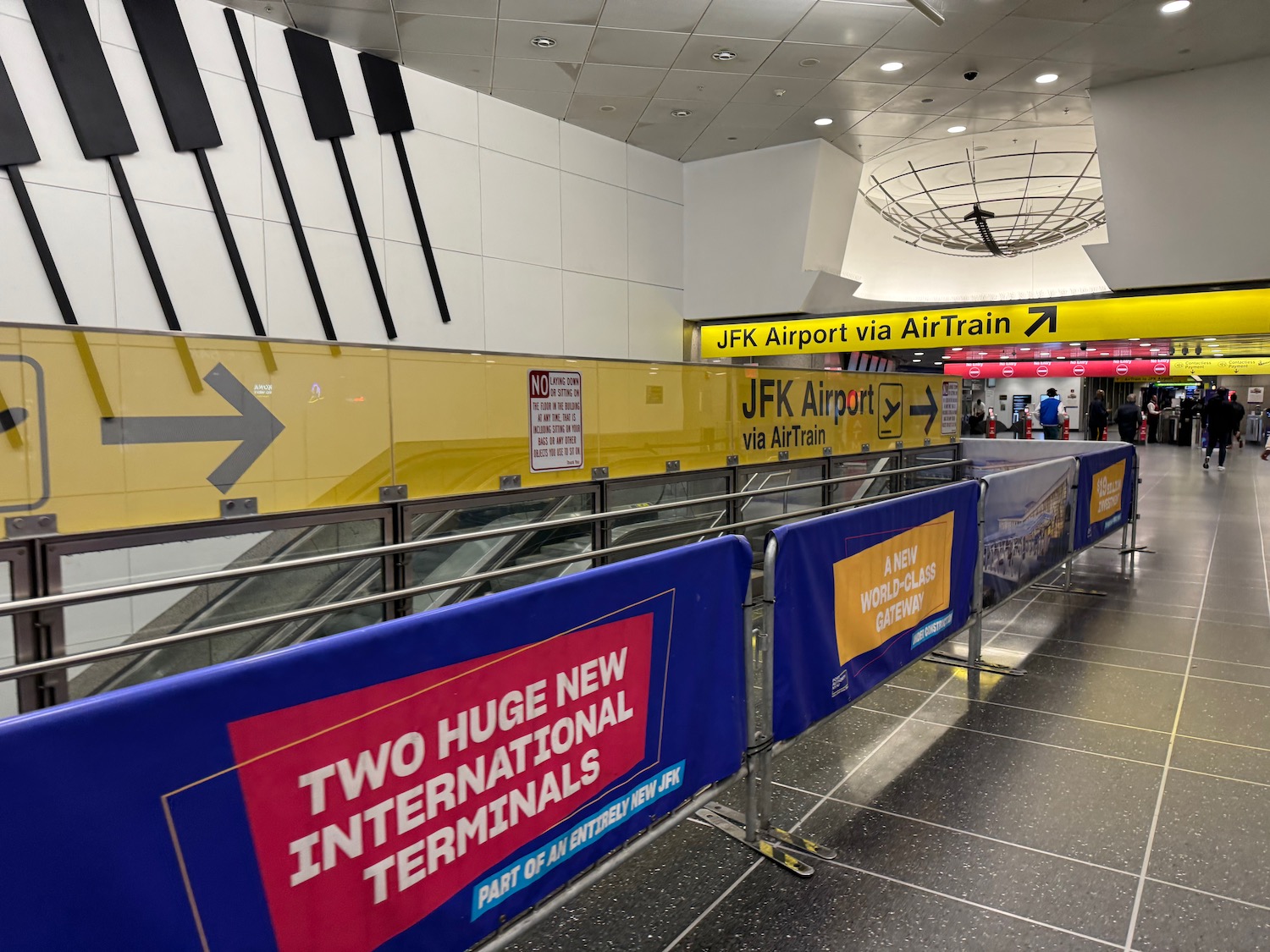 a blue and yellow sign in a building