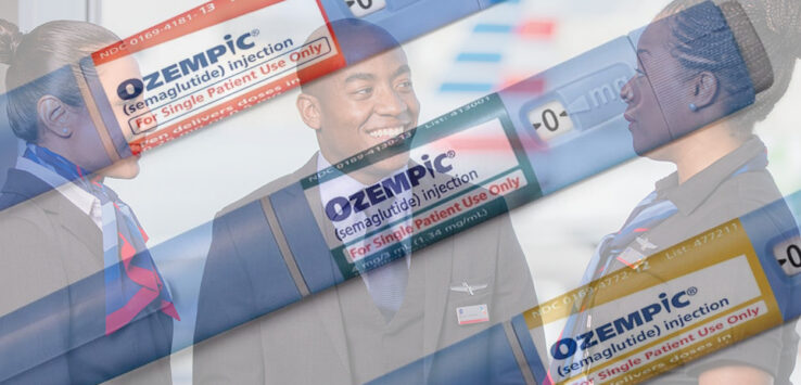 a group of people looking at a medical sticker