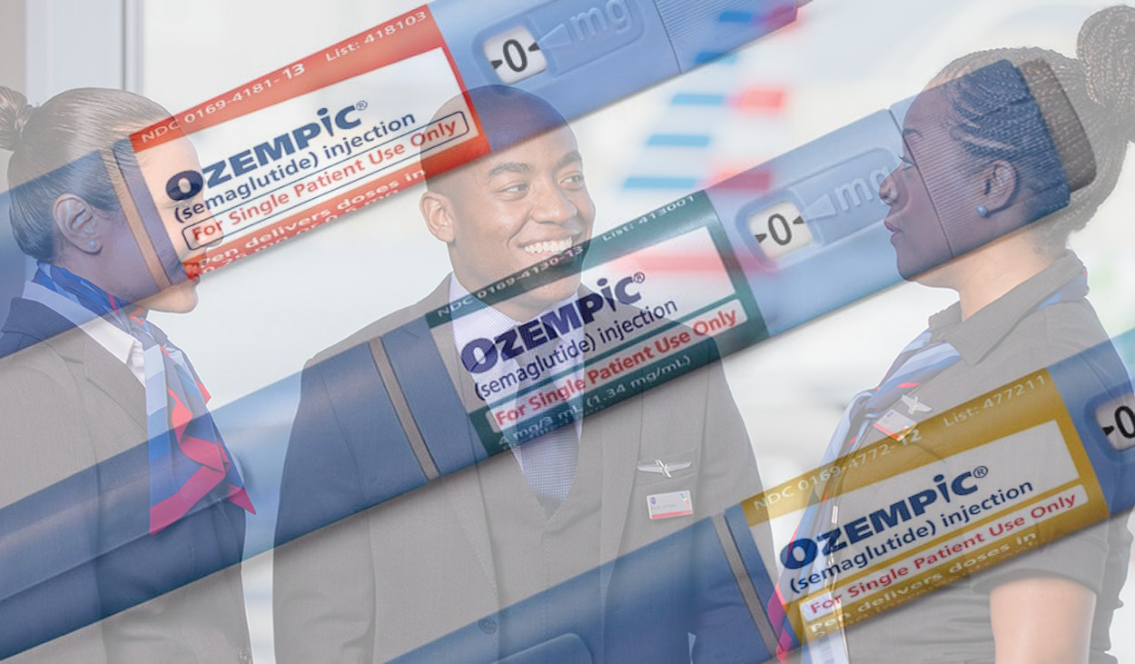a group of people looking at a medical sticker