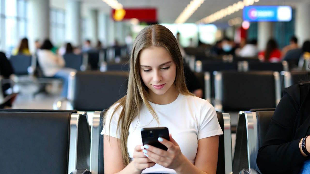 a woman sitting in a chair looking at a phone