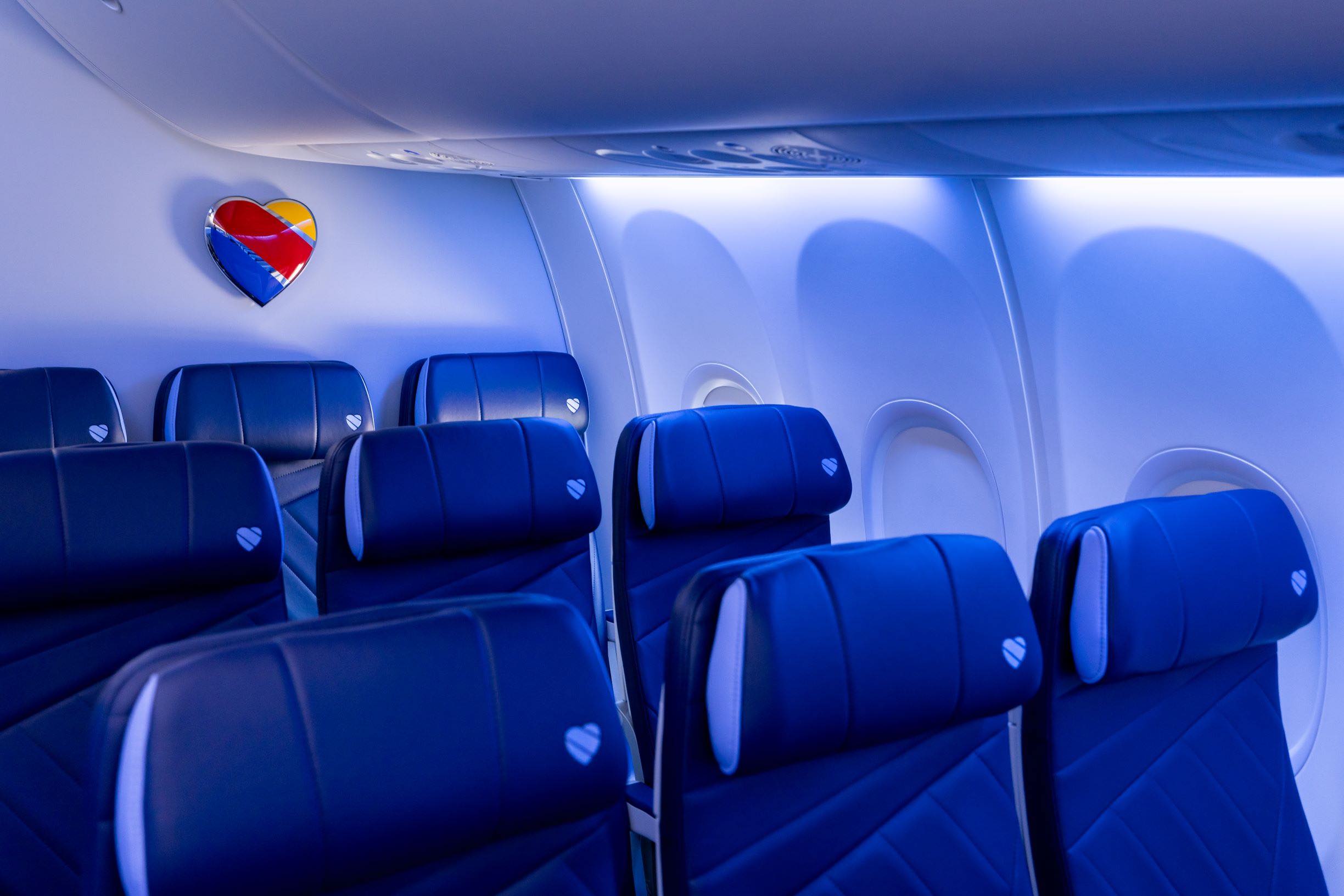 a blue seats in an airplane