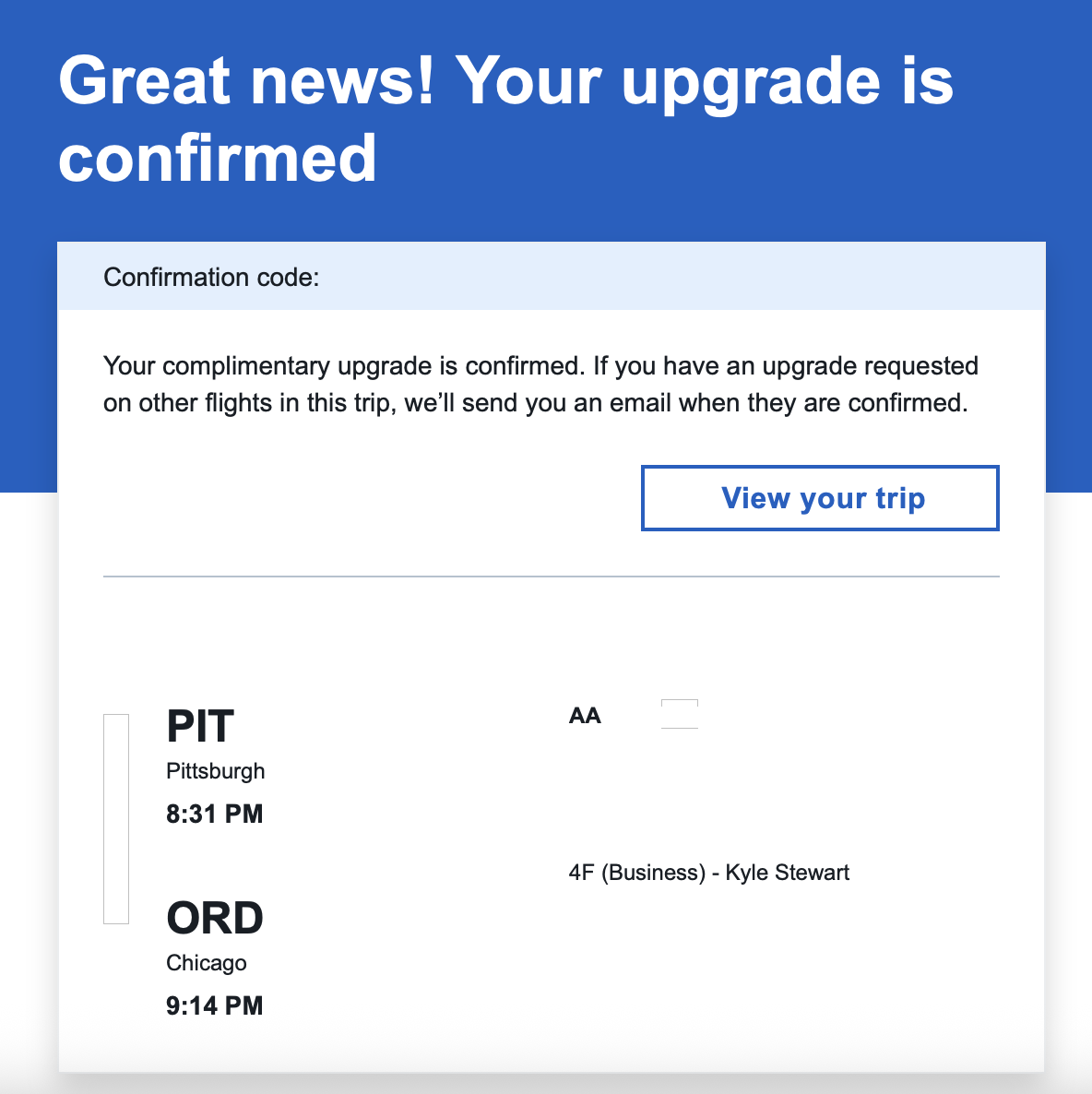 American Airlines Upgrade Confirmed