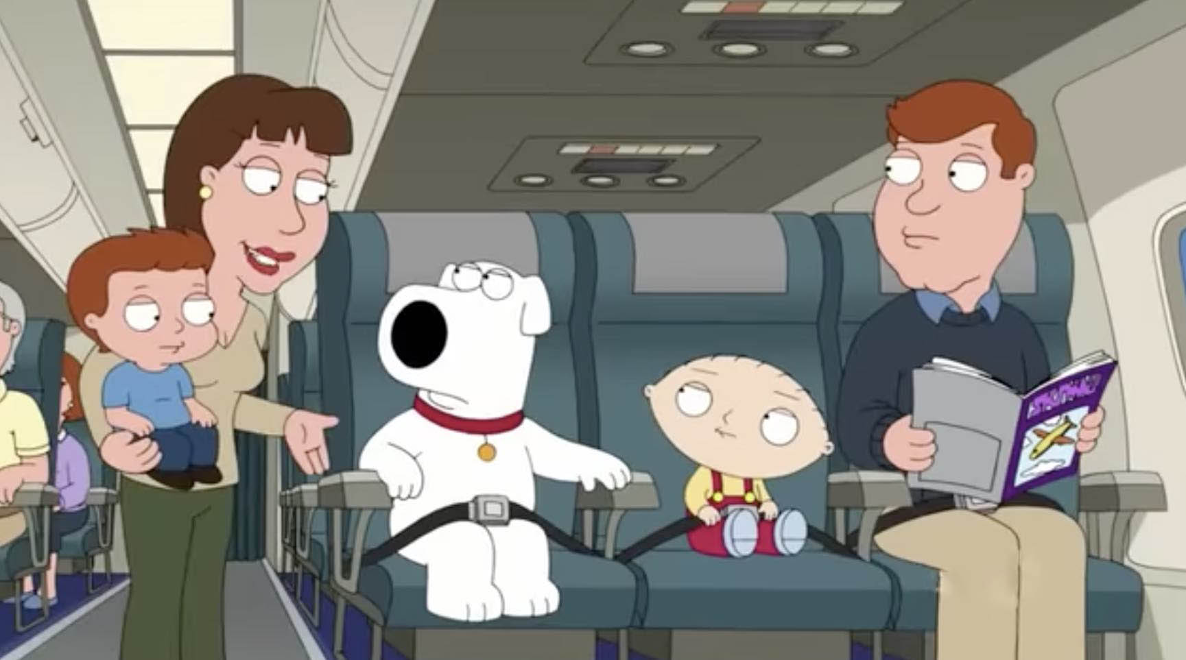 cartoon characters sitting on an airplane
