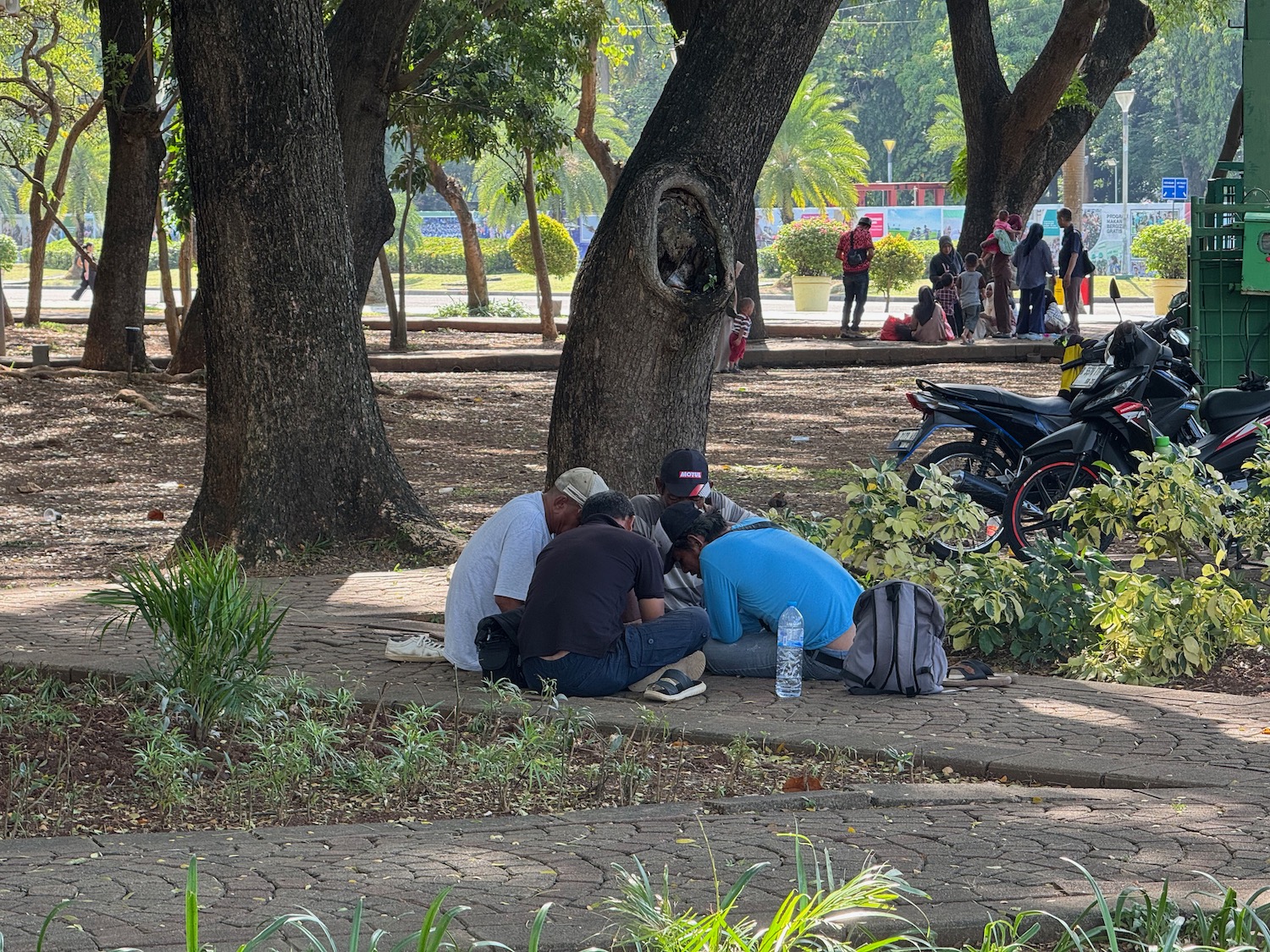 a group of people sitting under a tree