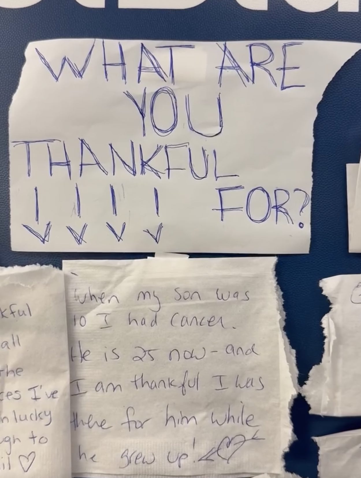 a note on a blue board