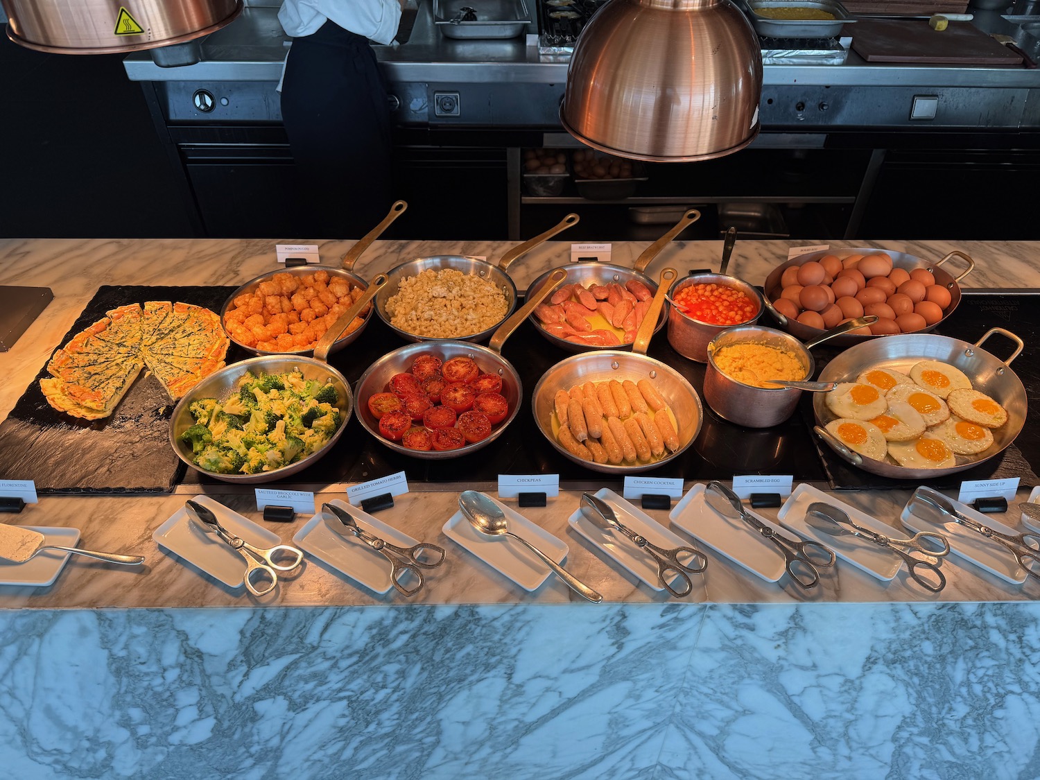 a buffet table full of food