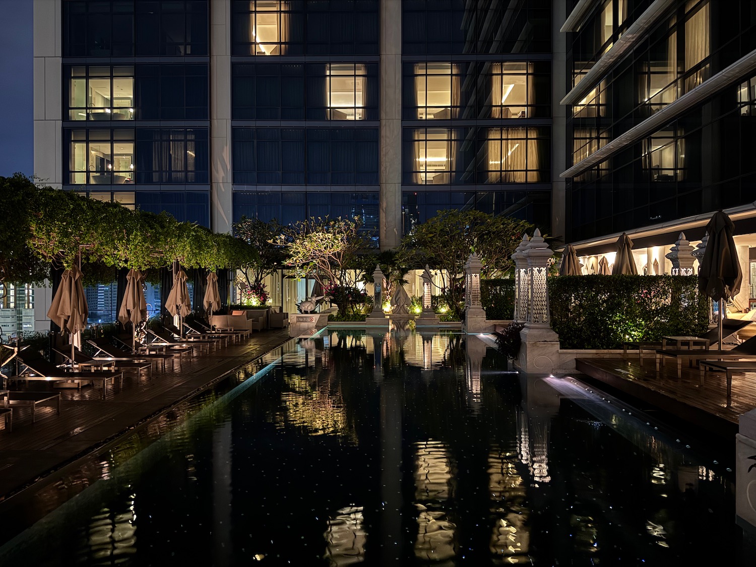 a pool in front of a building