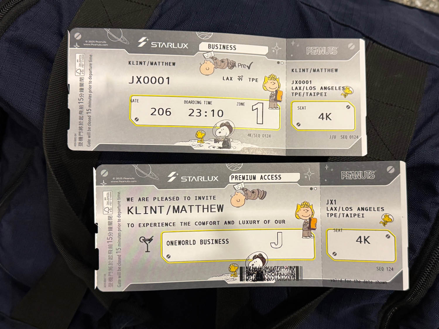 a pair of tickets on a backpack