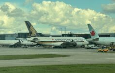 a group of airplanes parked at an airport