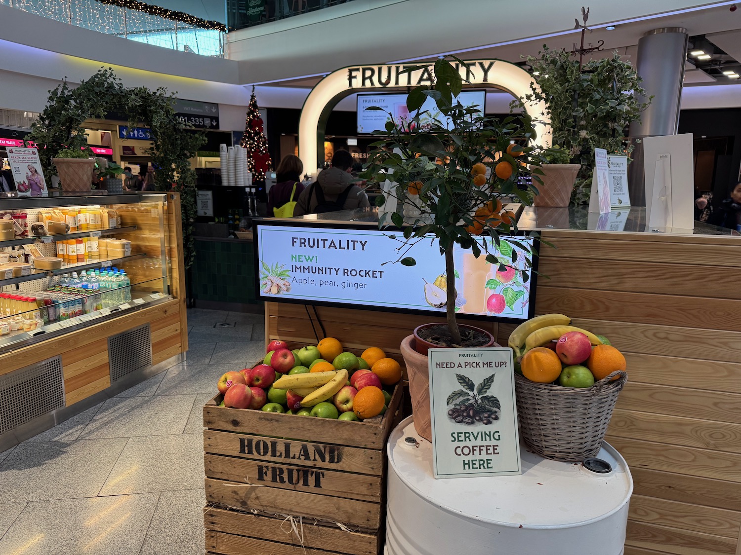 fruit in a store with fruit in baskets