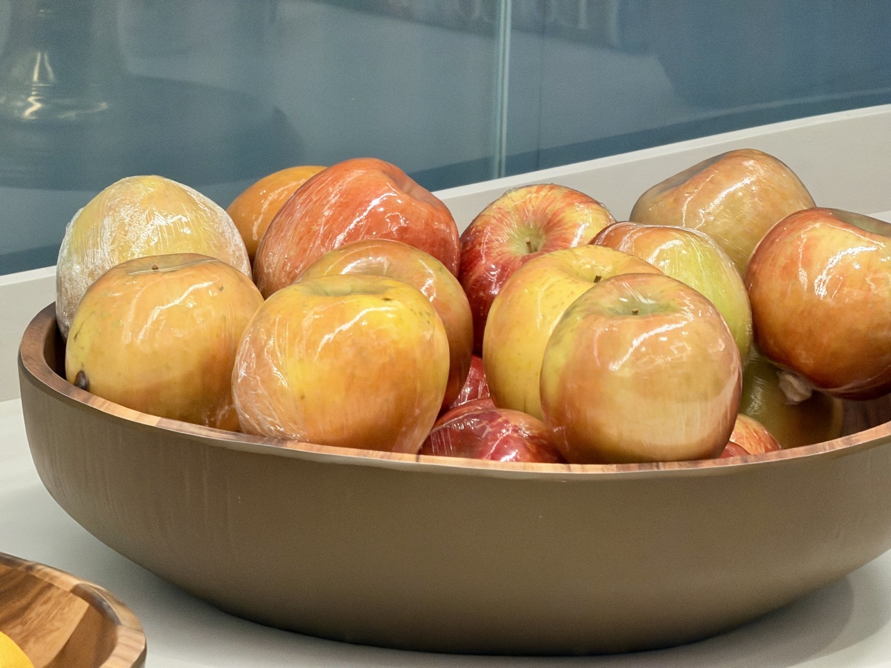 American Airlines Lounge Philadelphia flagship plastic wrapped apple