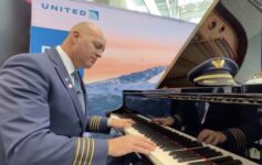 United Airlines pilot piano Denver Airport
