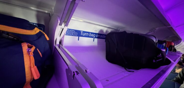 a luggage on a shelf