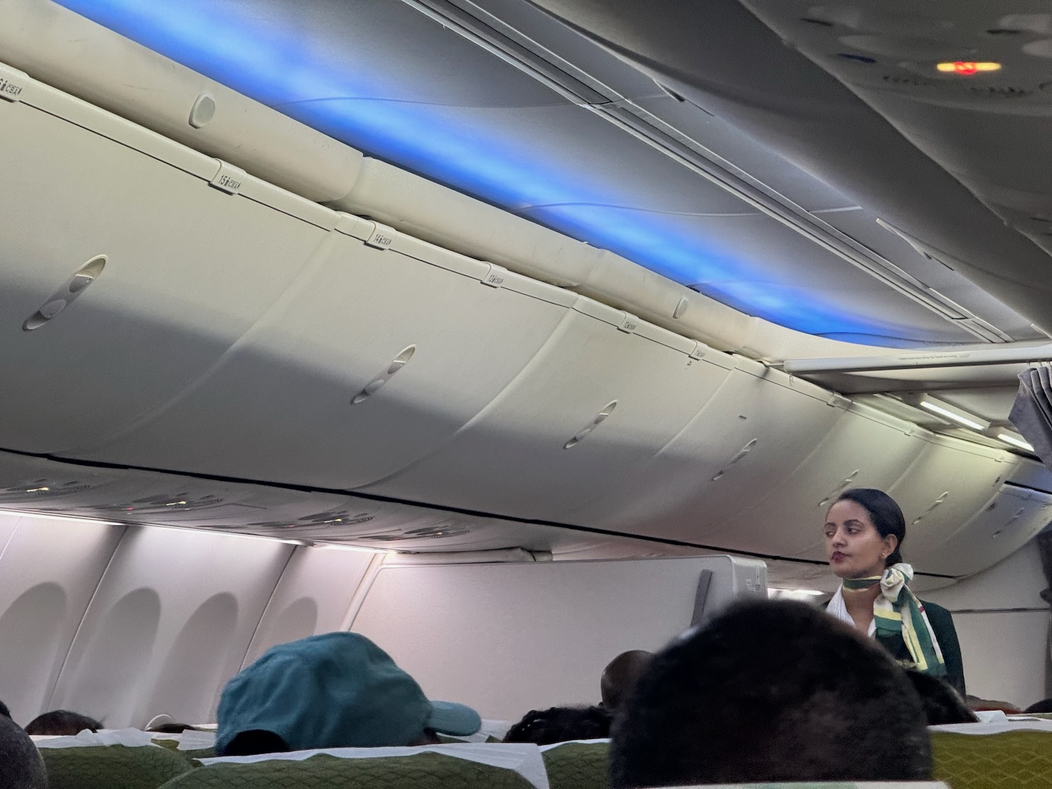 a woman standing in an airplane