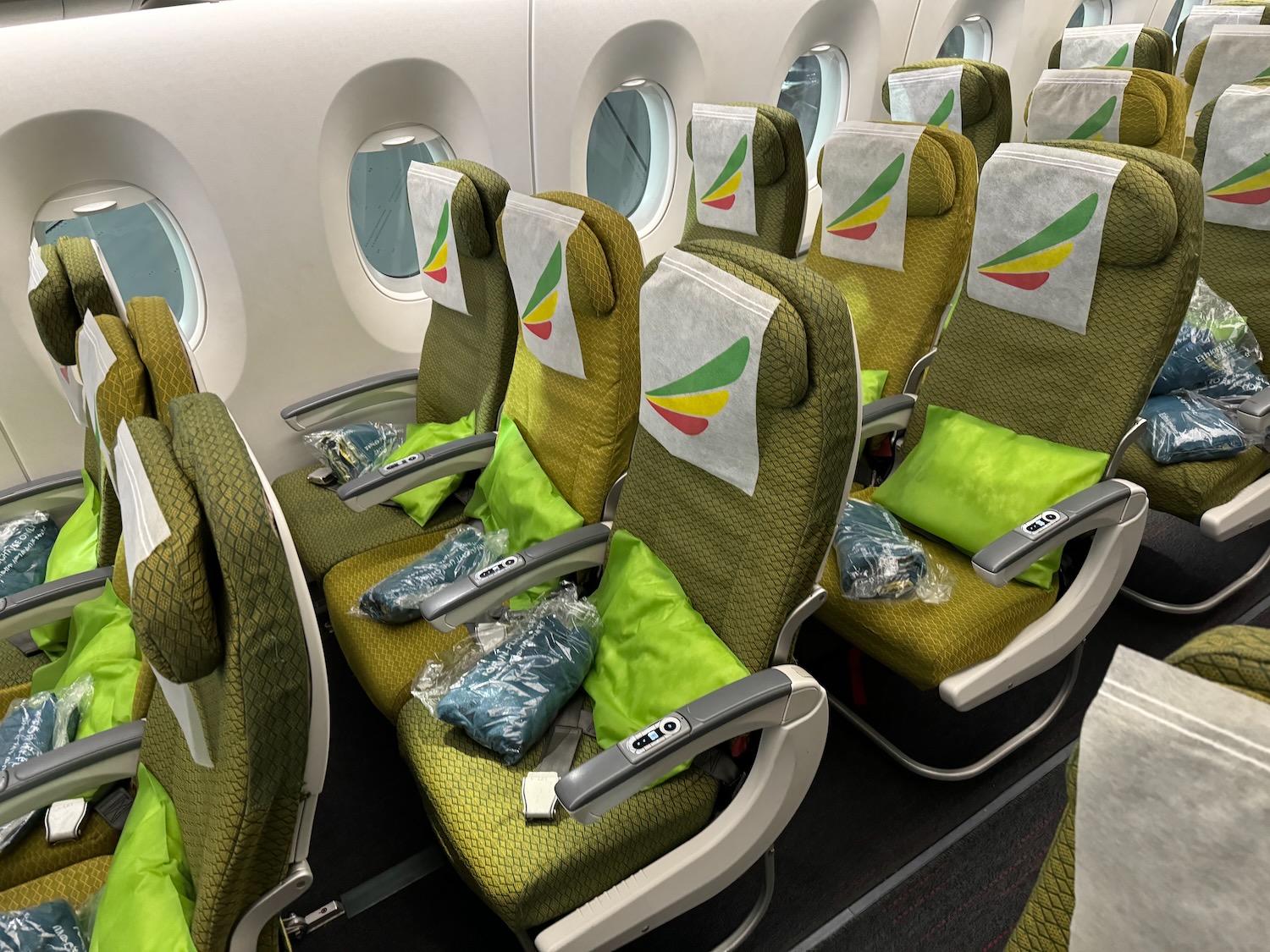 a row of seats on an airplane