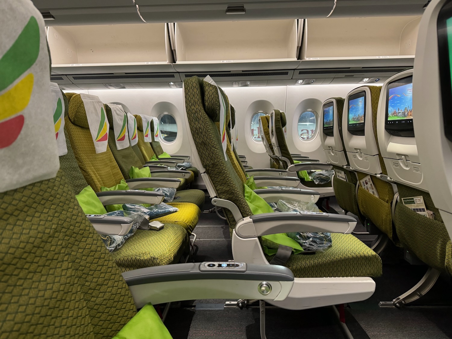 a row of seats in an airplane