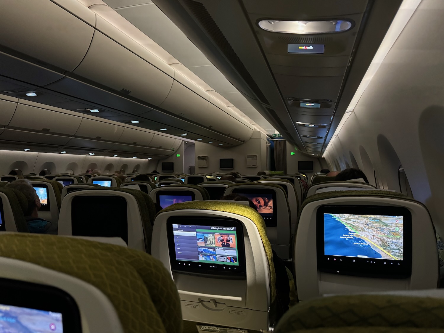 an airplane with seats and monitors