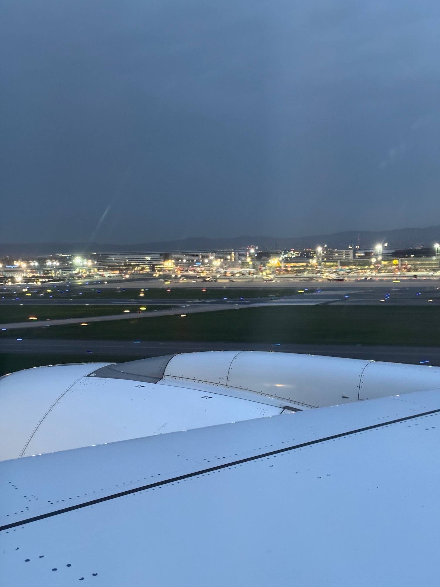 an airplane wing at night