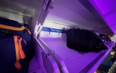 a luggage on a shelf