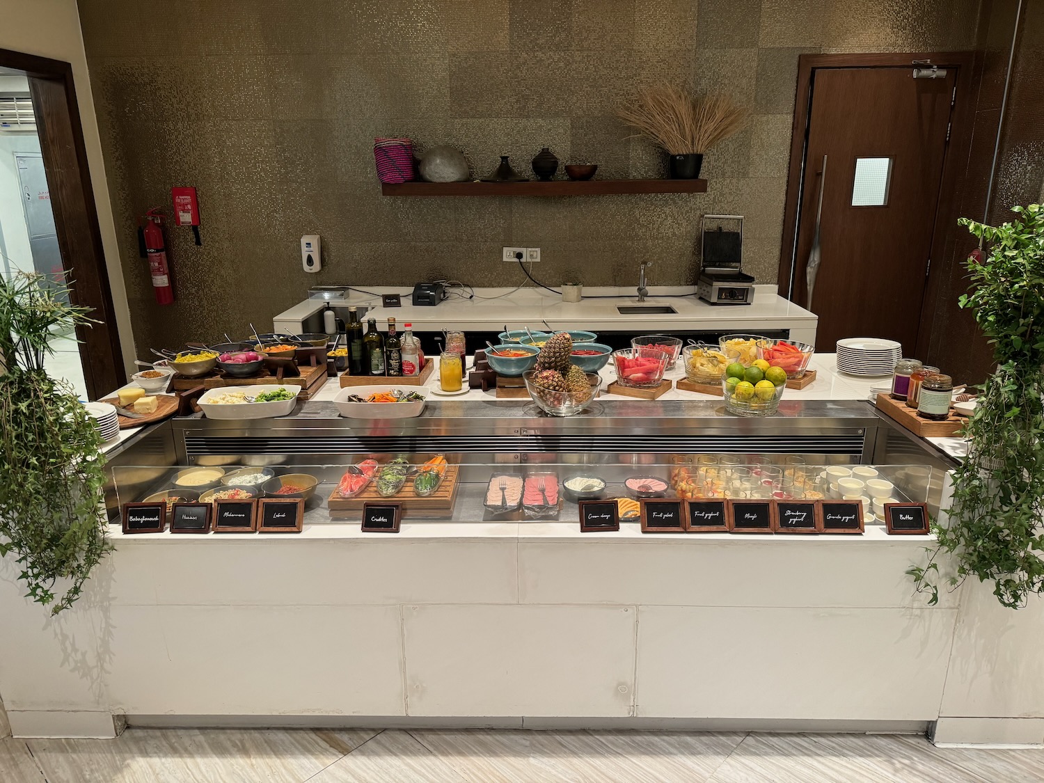 a buffet with food on it